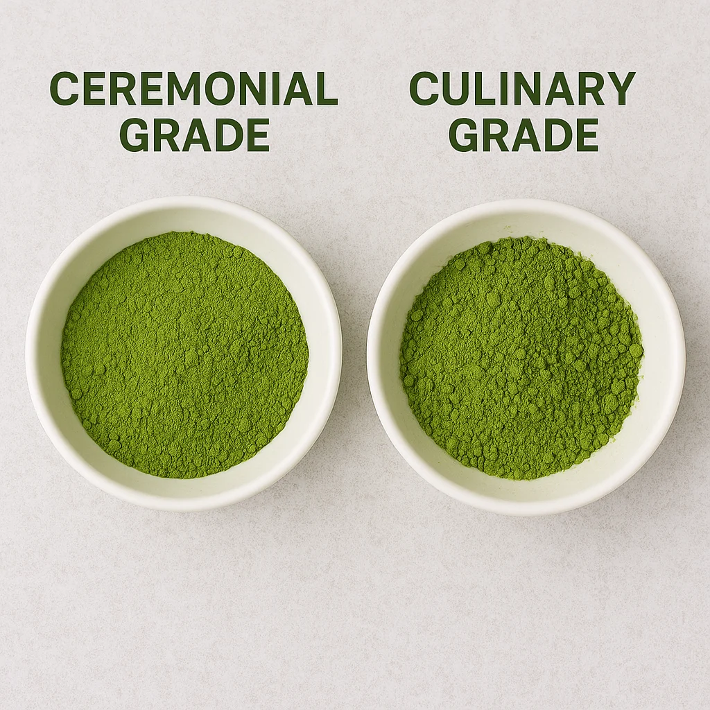 ceremonial-vs-culinary-matcha-comparison.webp Two white bowls with matcha powder labeled Ceremonial Grade and Culinary Grade on a light ceramic surface.