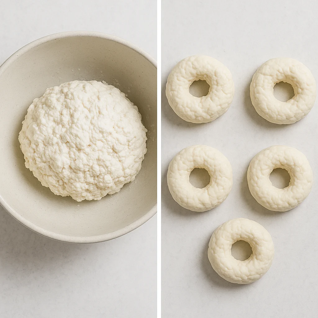 cottage-cheese-bagel-dough-steps.webp Cottage cheese bagel dough in bowl and shaped raw bagels on ceramic surface