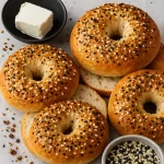 Freshly baked cottage cheese bagels close-up