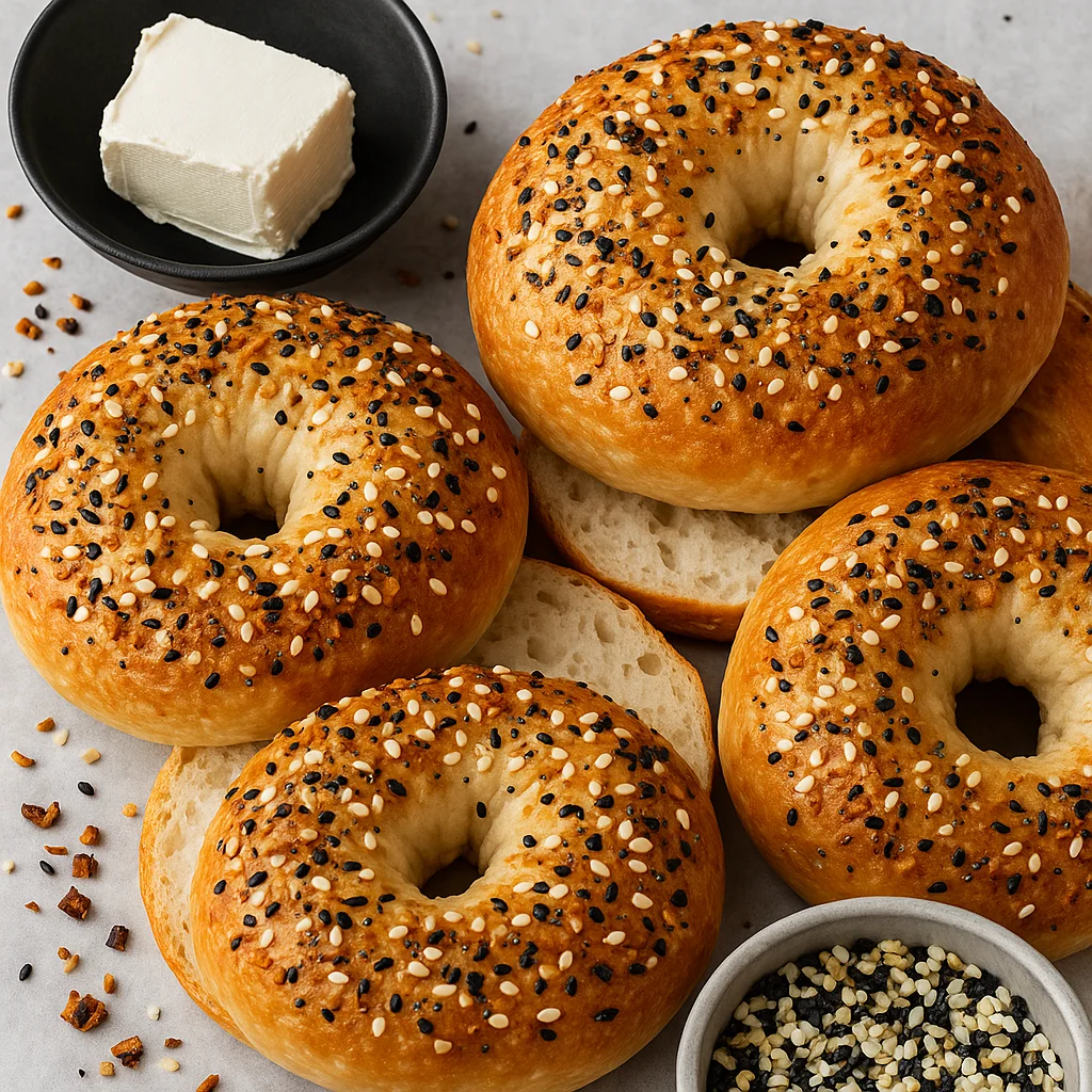 Freshly baked cottage cheese bagels close-up