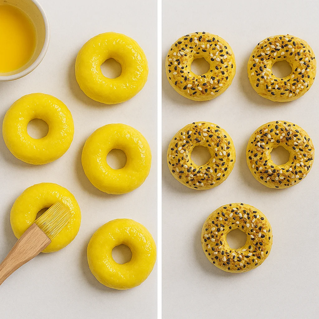 everything-bagel-topping-step.webp Homemade bagels brushed with egg wash and generously topped with everything bagel seasoning on a ceramic surface