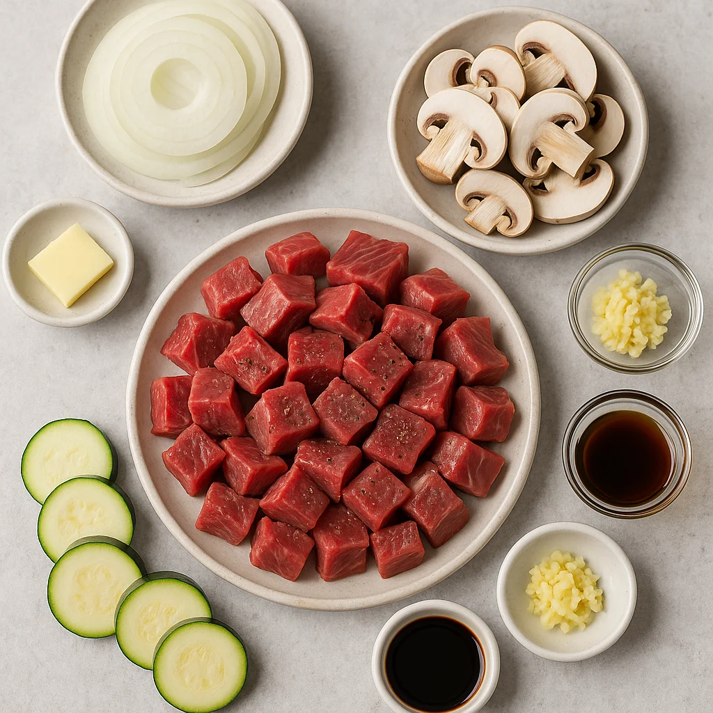 hibachi-steak-recipe-ingredients.webp Ingredients for hibachi steak recipe displayed on a ceramic countertop