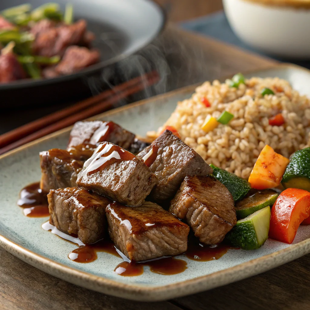 hibachi-steak-recipe-serving-suggestion.webp Plated hibachi steak recipe with fried rice, vegetables, and dipping sauce