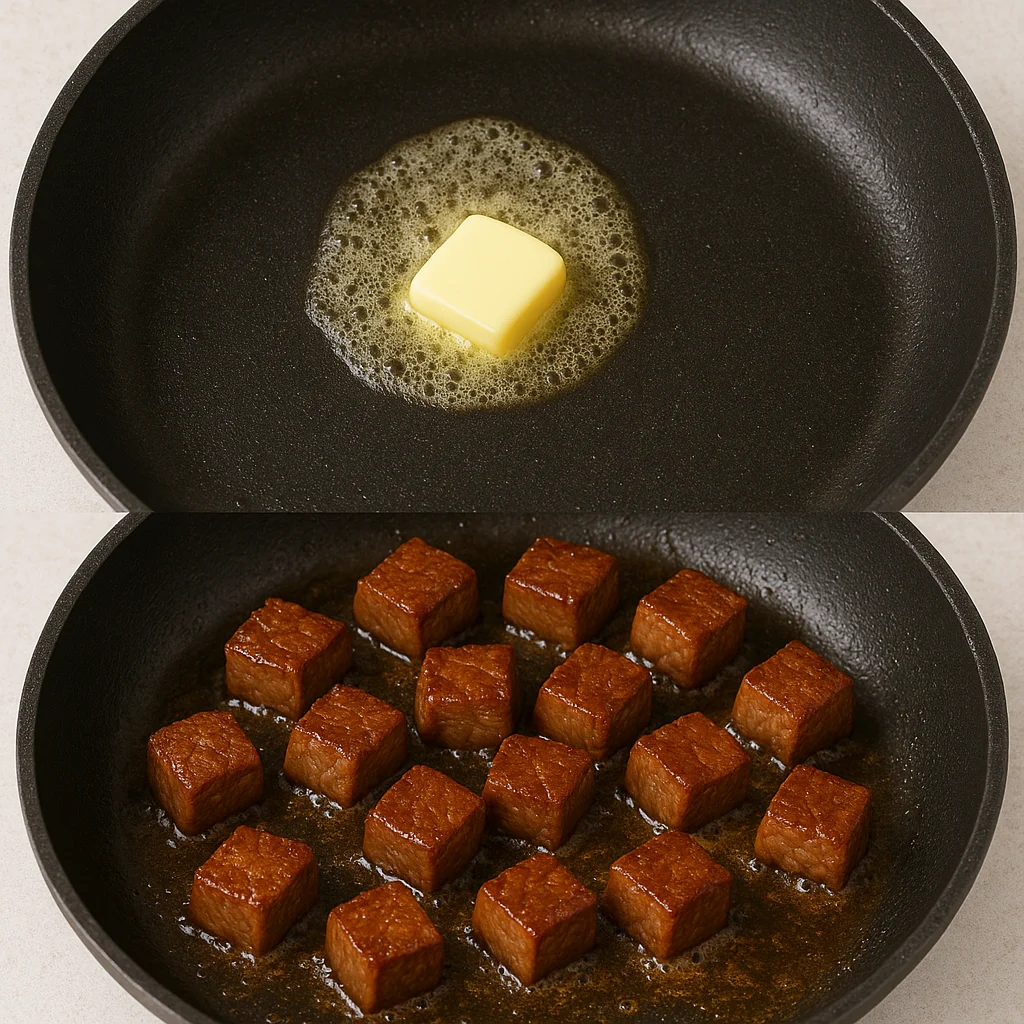 hibachi-steak-recipe-stepbystep2.webp Butter melting in a skillet followed by seared steak cubes in the same pan on a ceramic surface