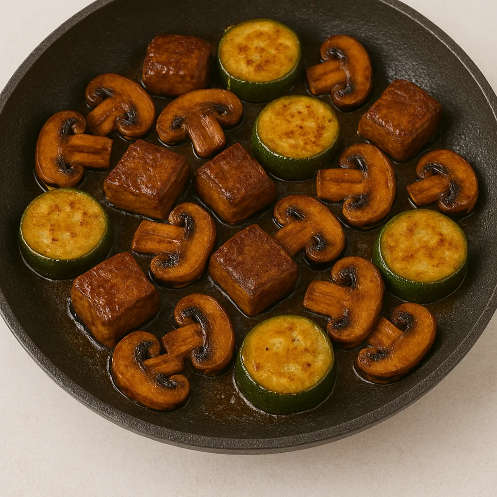hibachi-steak-recipe-stepbystep3.webp Caramelized mushrooms and zucchini slices cooking with steak cubes in a skillet on a light ceramic surface