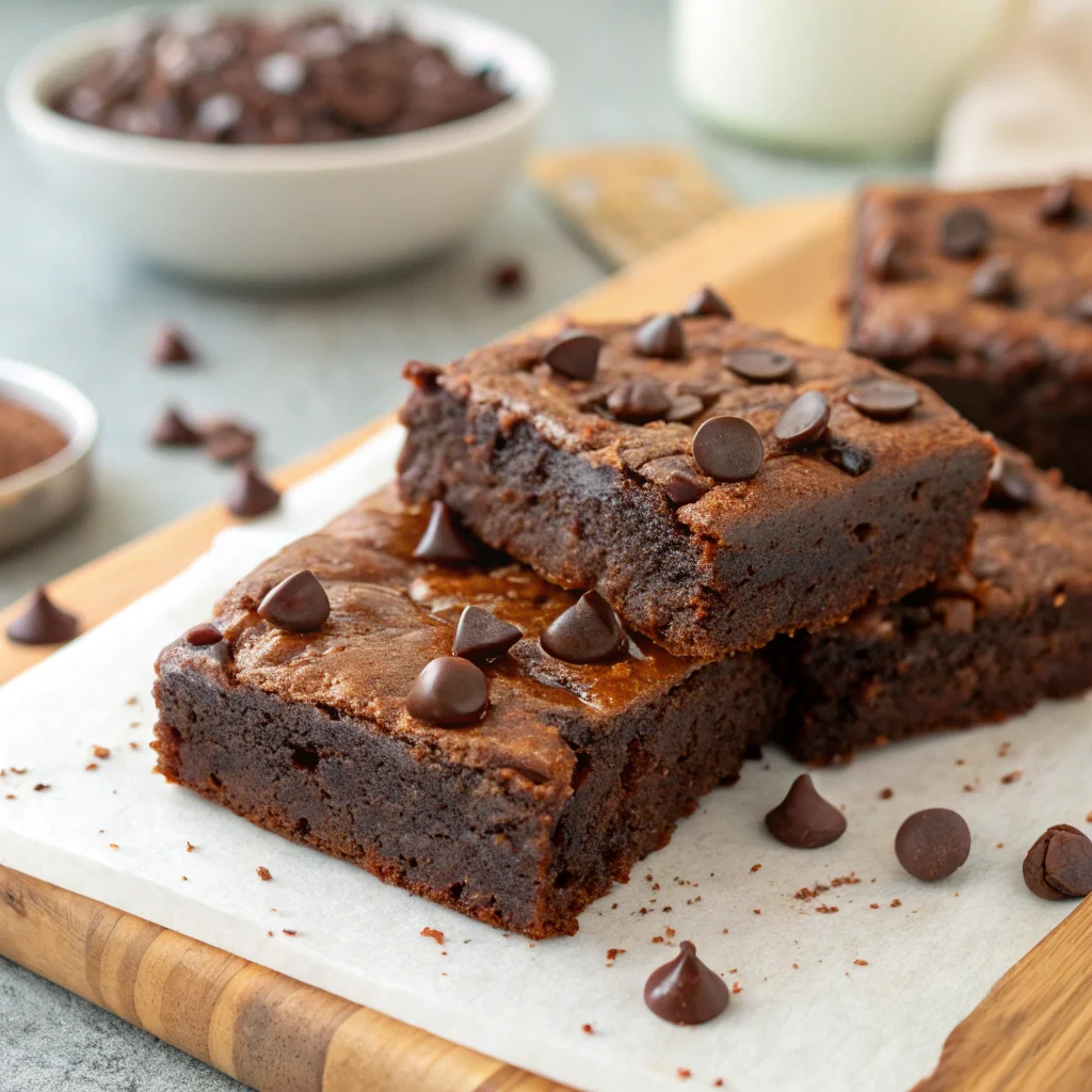 High protein brownie recipe freshly baked in a square pan