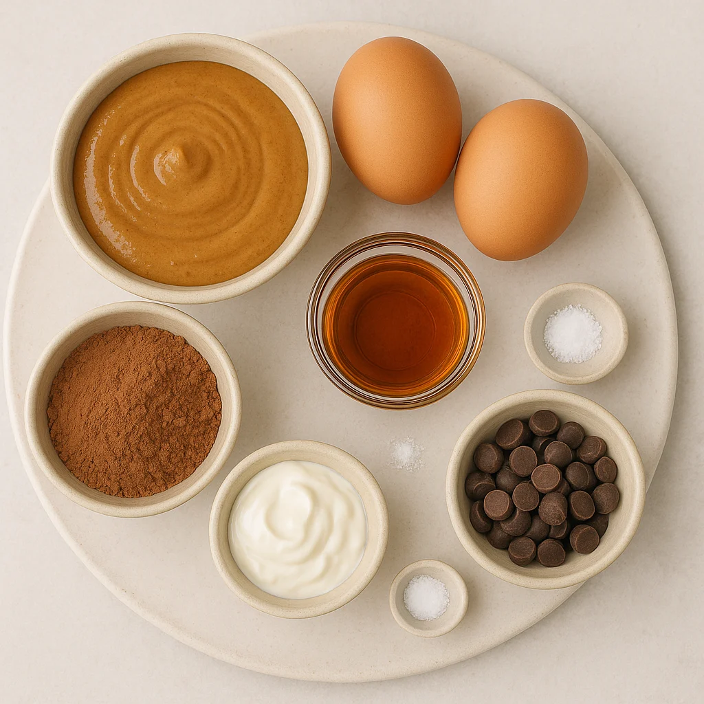 Ingredients for high protein brownie recipe including protein powder and nut butter
