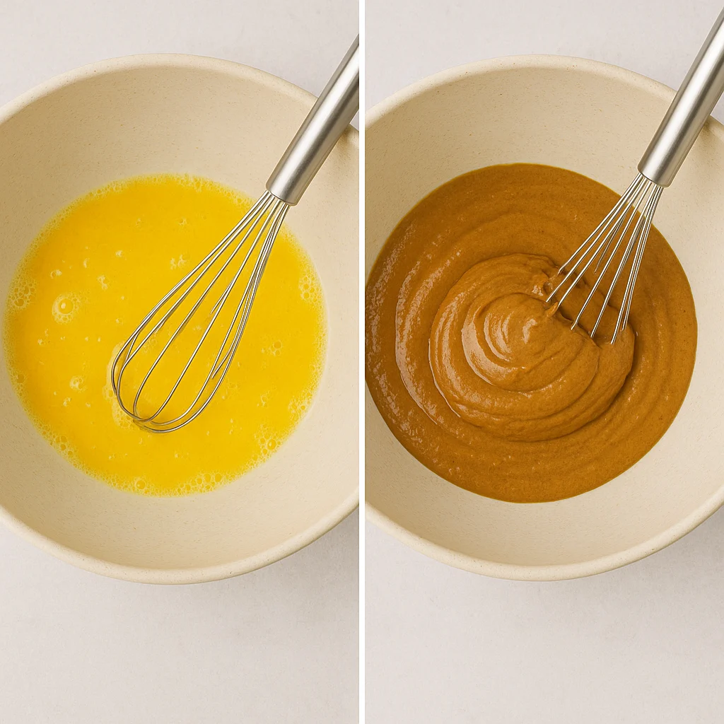 Two-step process of making high-protein brownies — whisked eggs in a bowl on the left and combined with almond butter and sweetener on the right, each in a ceramic mixing bowl on a neutral surface.