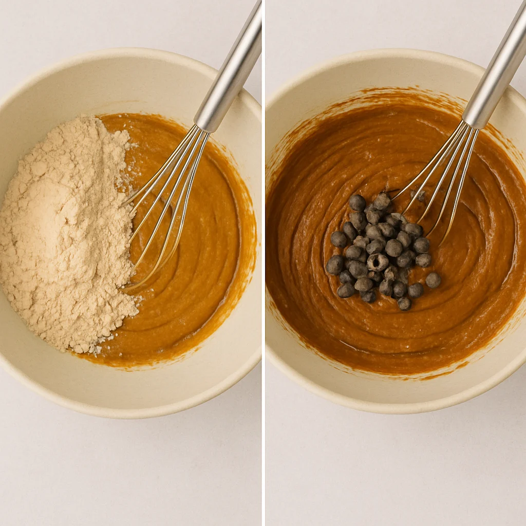  Mixing protein powder into high-protein brownie batter, followed by folding in chocolate chips, shown step-by-step in two ceramic bowls on a white-grey surface.