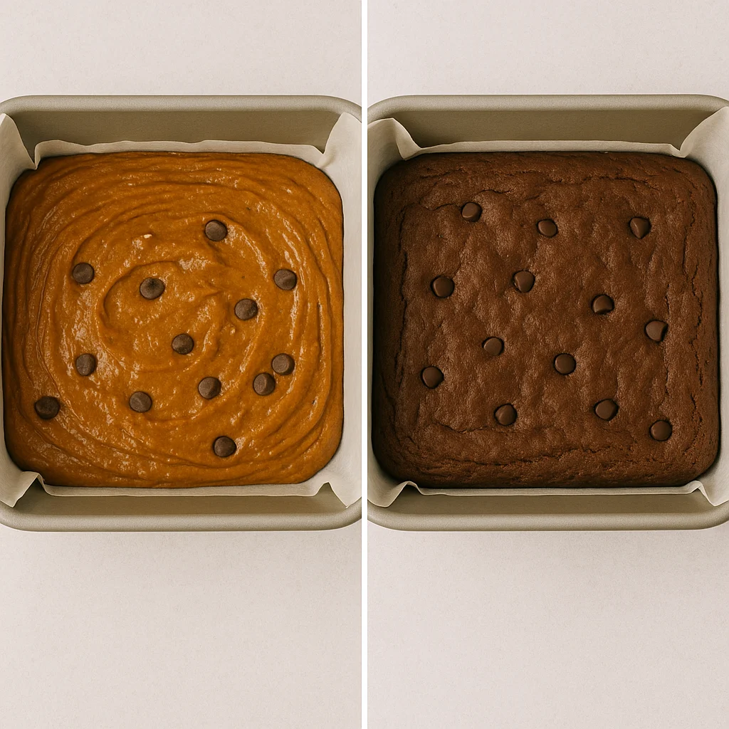 High-protein brownie batter spread in a pan beside a freshly baked brownie with a set top, both on a white-grey ceramic surface.