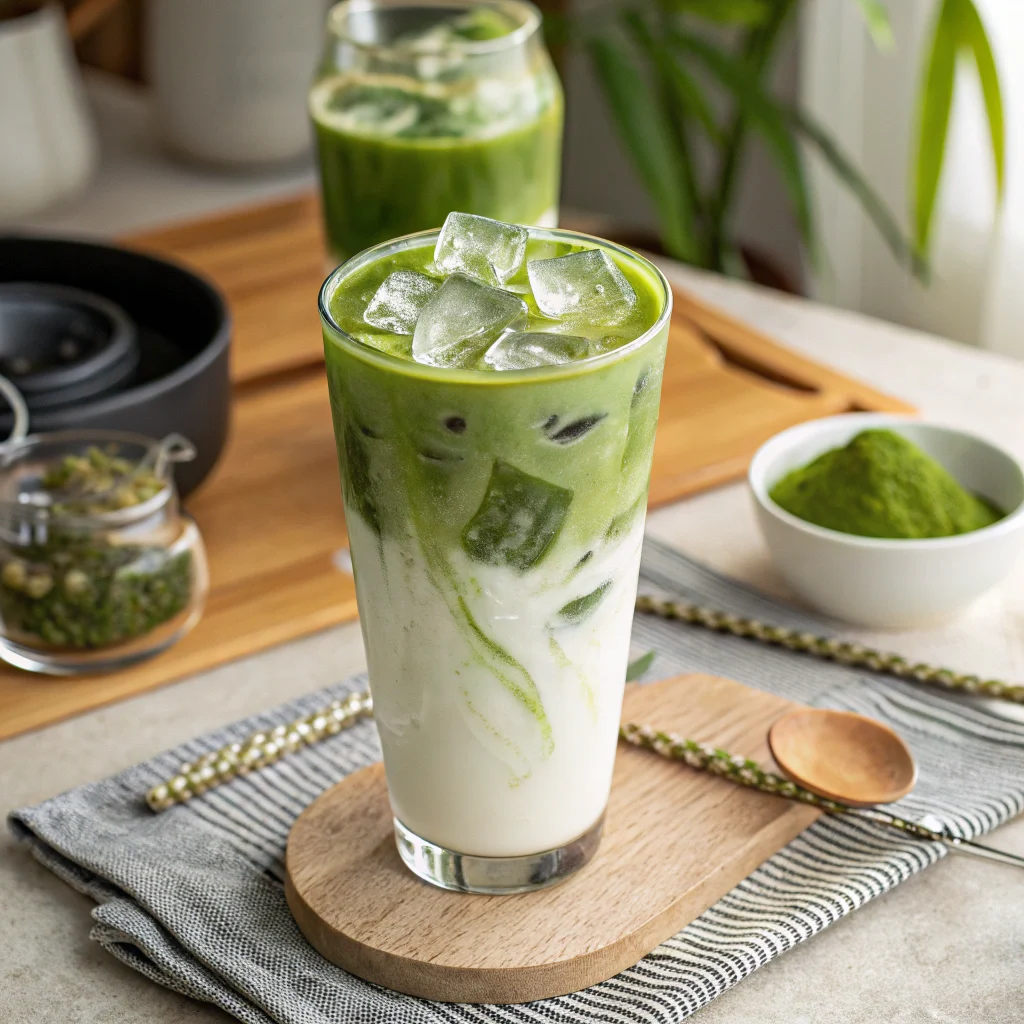 Iced Matcha Latte Recipe in a Clear Glass