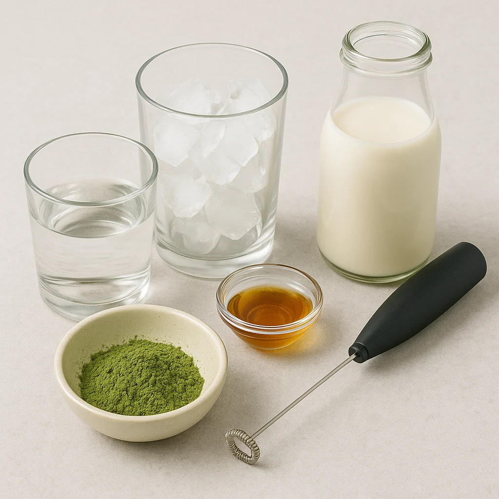 iced-matcha-latte-recipe-ingredients.webp Iced matcha latte ingredients on a ceramic surface: matcha, water, milk, sweetener, ice, frother, tall glass