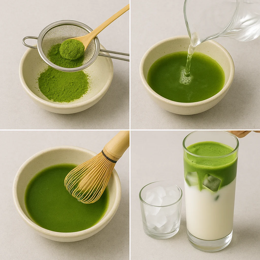 iced-matcha-latte-recipe-steps.webp Four-step iced matcha latte process: sift, add water, whisk, pour over ice
