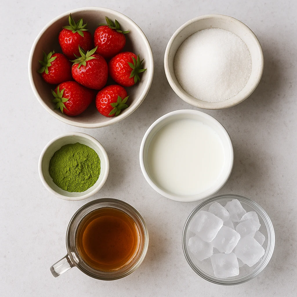iced-strawberry-matcha-ingredients.webp Strawberries, sugar, milk, matcha powder, hot water, and ice cubes arranged on a white-grey ceramic surface