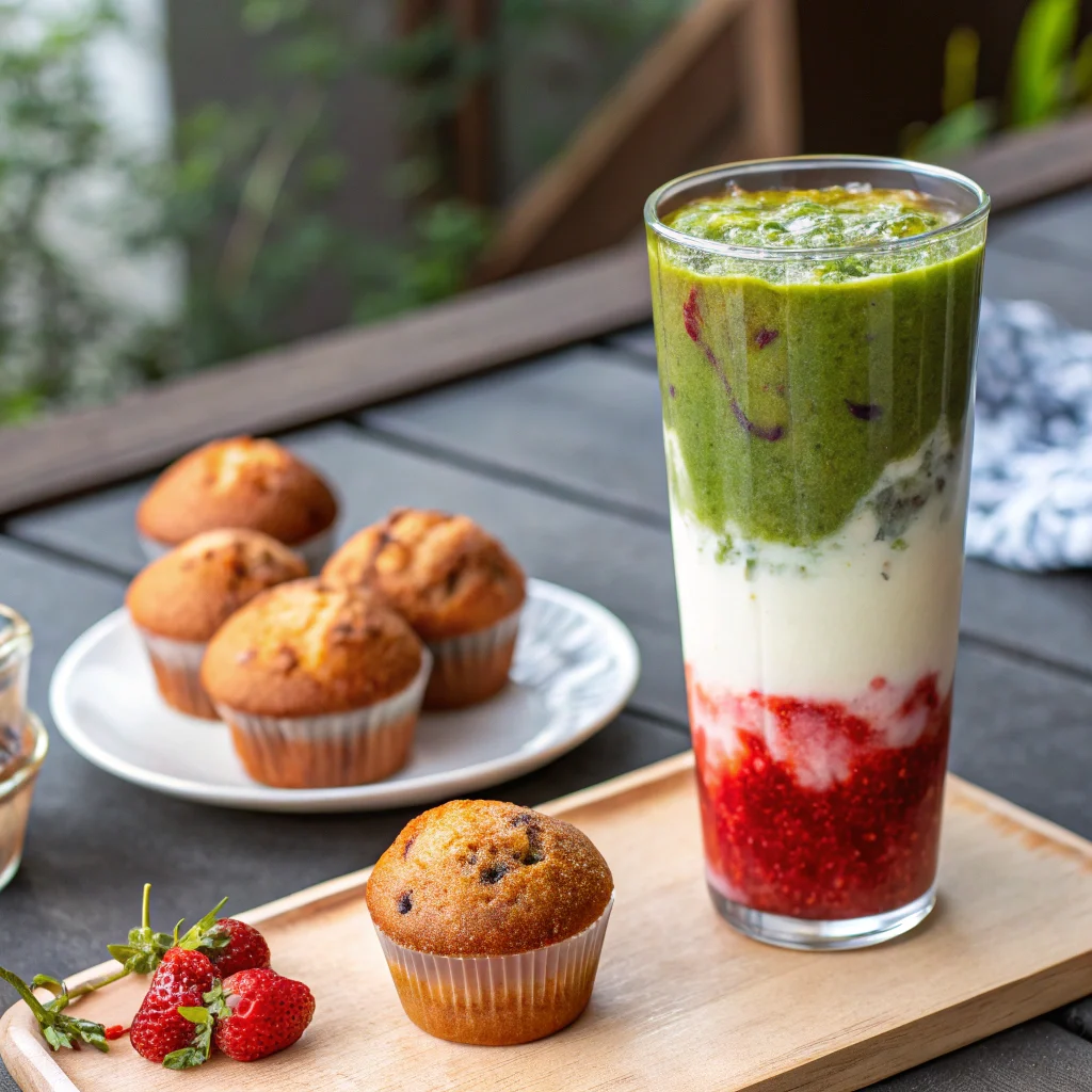 iced-strawberry-matcha-latte-recipe-served.webp Iced strawberry matcha latte in a tall glass served with chocolate chip muffins and fresh strawberries on a wooden tray.