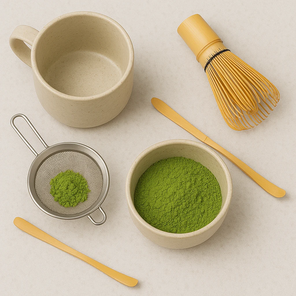 matcha-tea-ingredients.webp Matcha tea-making essentials including a ceramic mug, matcha powder in a bowl, bamboo whisk, sifter, and bamboo scoop on a light ceramic surface