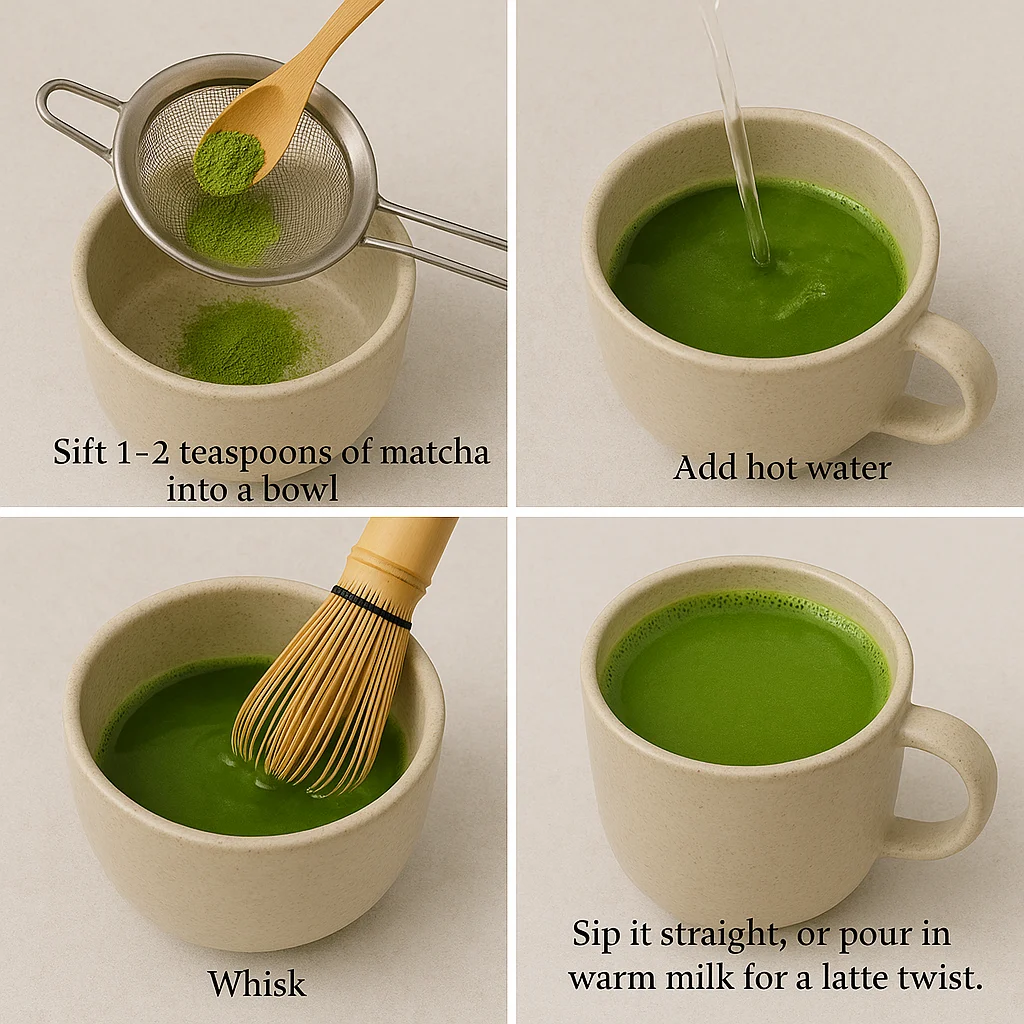 matcha-tea-preparation-steps.webp Step-by-step matcha tea preparation in four square images: sifting powder, adding hot water, whisking, and sipping from a ceramic mug