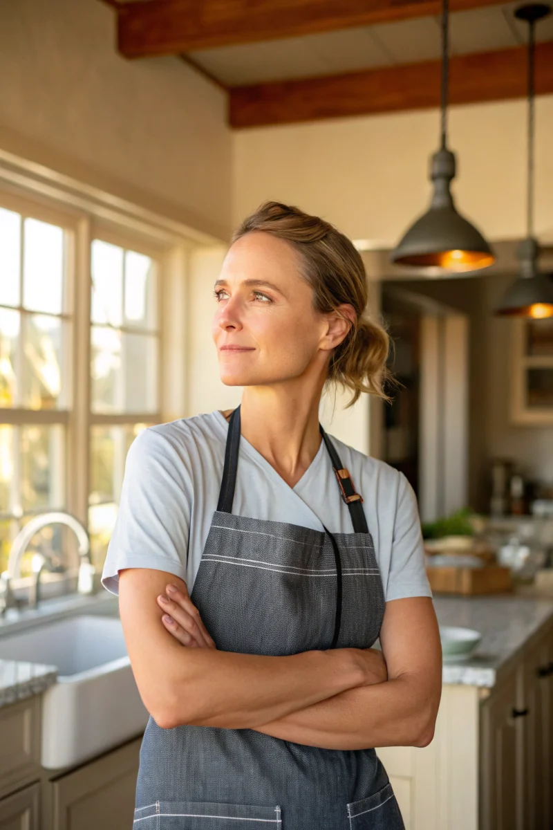 olivia-reese-healthy-chef-profile-santa-barbara.webp Female chef Olivia Reese smiling in her sunny Santa Barbara kitchen, wearing a modern apron.