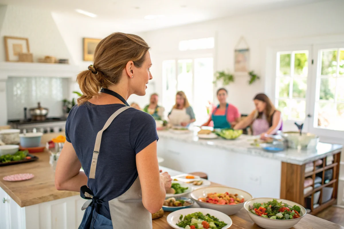 olivia-reese-healthy-cooking-class.webp Chef Olivia Reese guiding a hands-on healthy cooking class in a bright community kitchen.