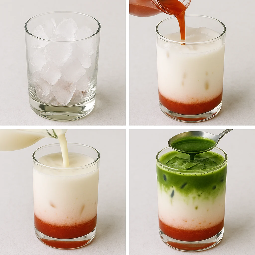 strawberry-matcha-preparation-steps.webp Simmering strawberries in a saucepan and whisking matcha in a bowl with milk on a white-grey ceramic surface.