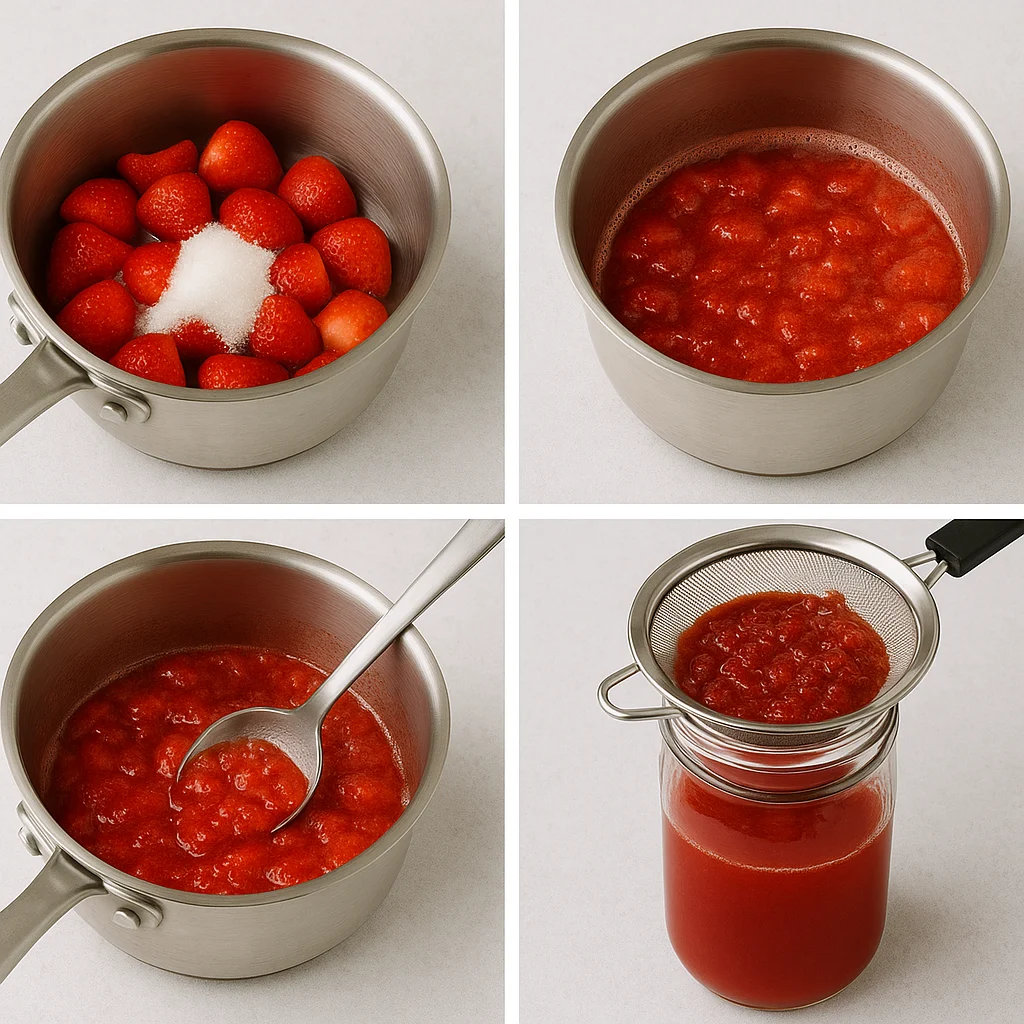strawberry-syrup-recipe-steps.webp Four-step process of making strawberry syrup, from simmering to straining, on a light ceramic surface.