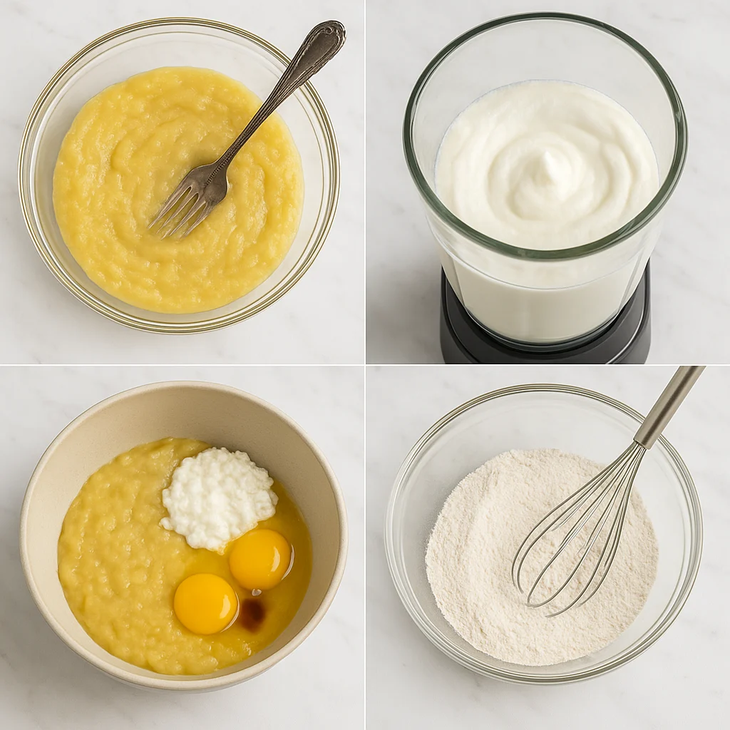 Smooth bananas and blended cottage cheese form the base of this moist banana bread. Four steps on a white marble counter: mashed bananas in a bowl, creamy blended cottage cheese, combined wet ingredients, and whisked dry ingredients in separate bowls.