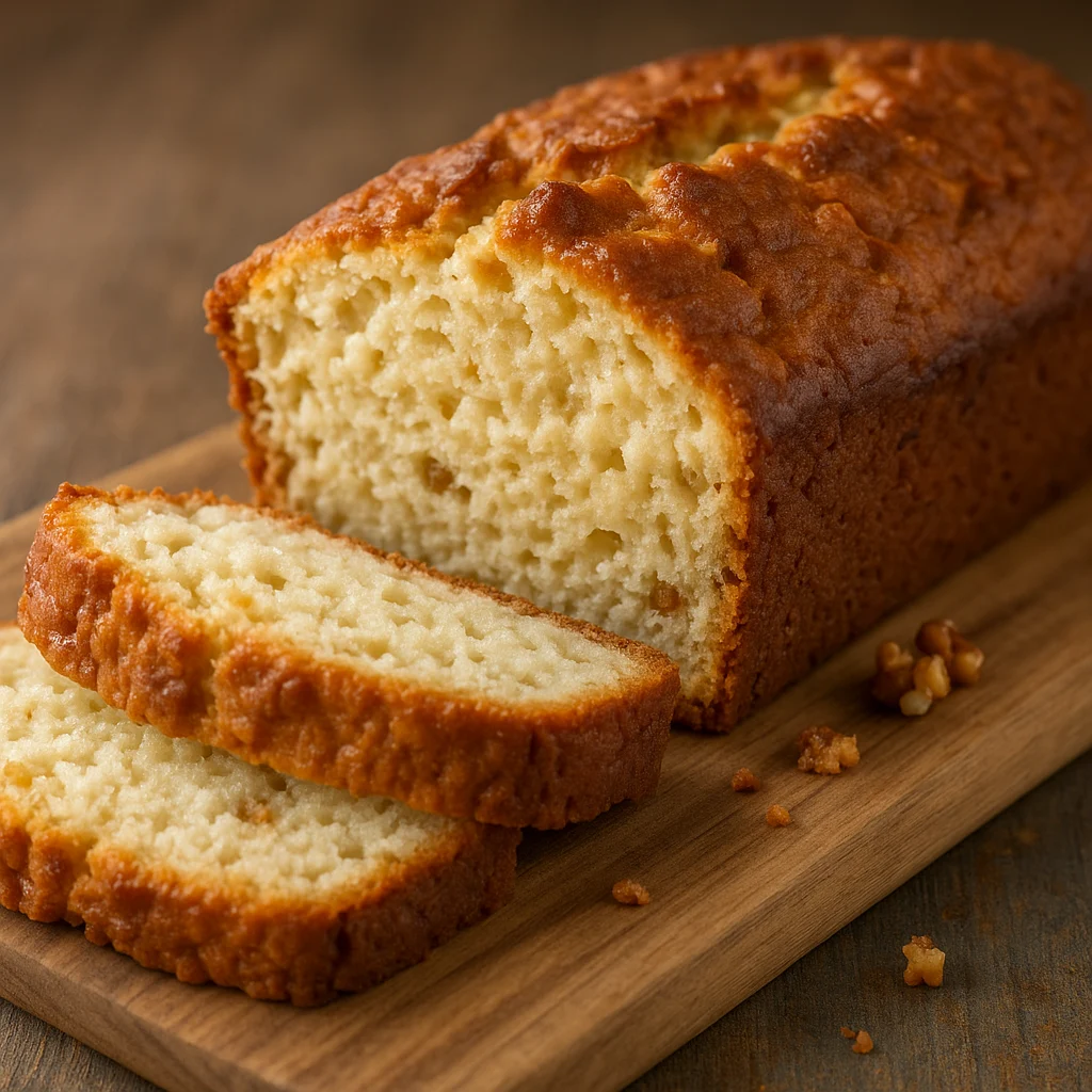 Moist and protein-rich cottage cheese banana bread loaf sliced on a wooden board