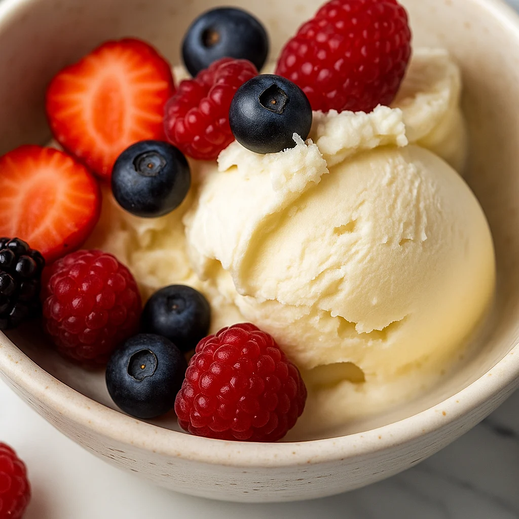Serving cottage cheese ice cream with fruits