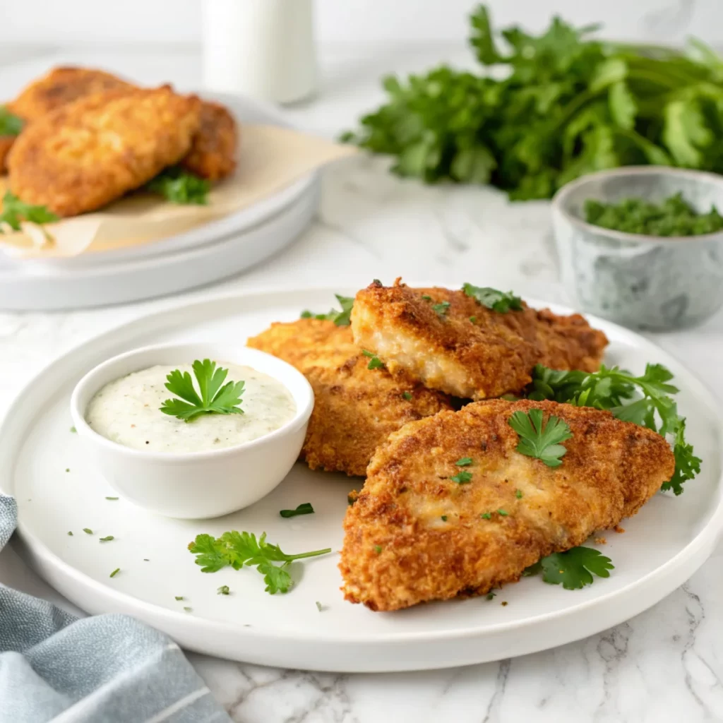 Crispy ranch chicken cutlets recipe served with ranch dipping sauce.