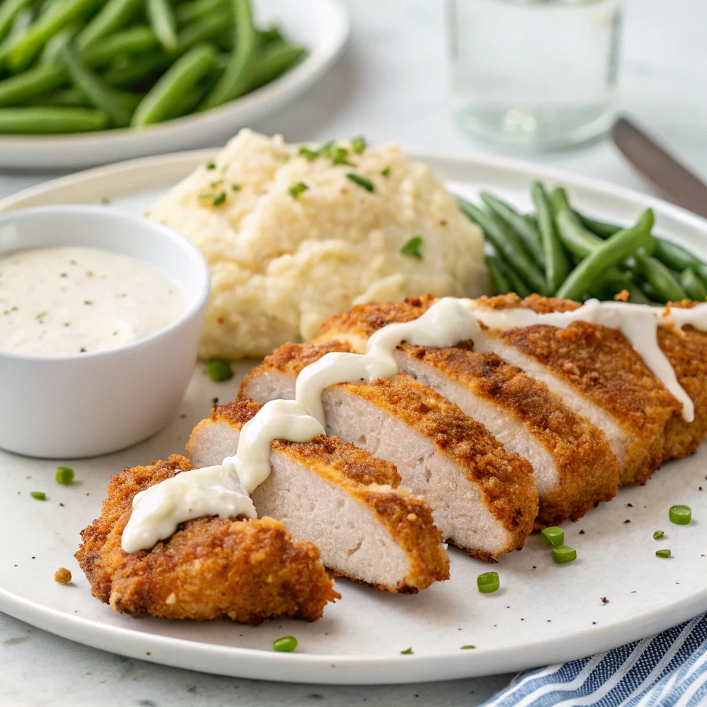 crispy-ranch-chicken-cutlets-serving.webp Crispy ranch chicken cutlets recipe served with mashed potatoes and green beans.