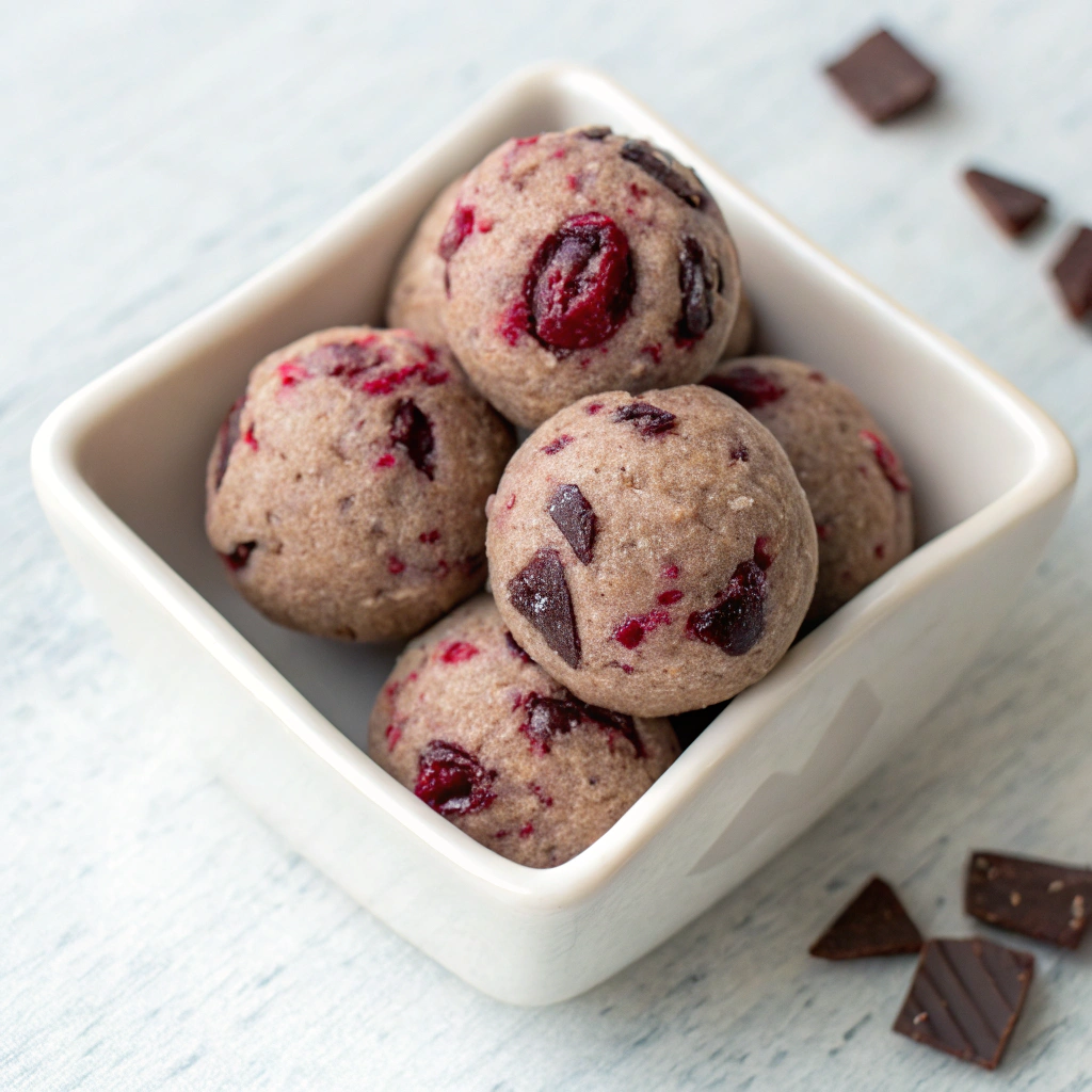dark chocolate berry chia bites with raspberries and almond milk
