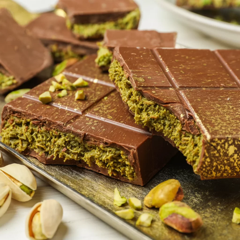 Dubai chocolate bar with pistachio filling and gold leaf