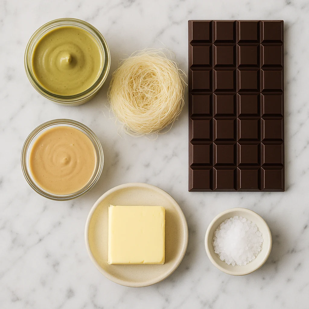 Dubai chocolate bar recipe ingredients on marble counter