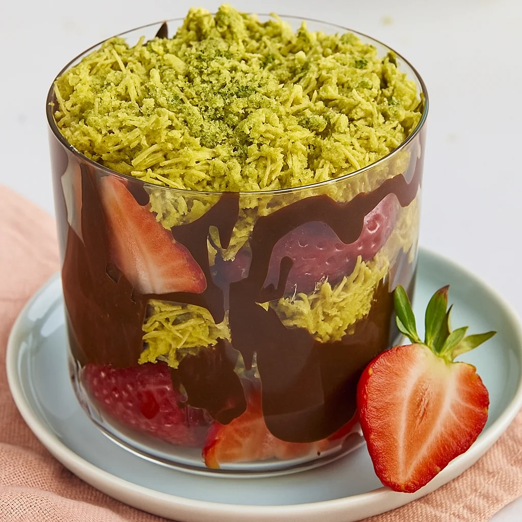 Dubai chocolate strawberries recipe in a dessert cup