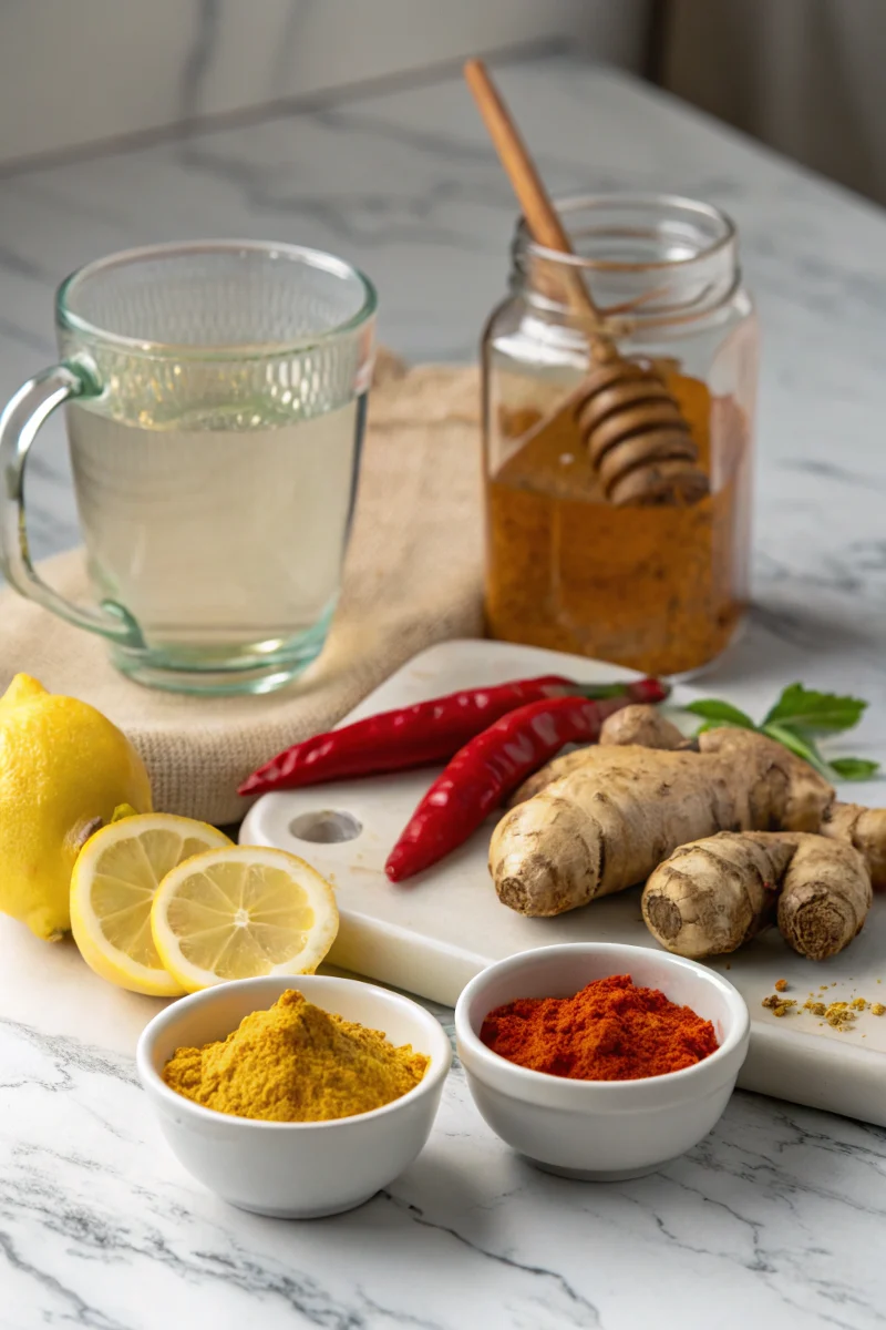 ginger-trick-ingredients-weight-loss.webp Ingredients for ginger trick recipe for weight loss on a marble counter