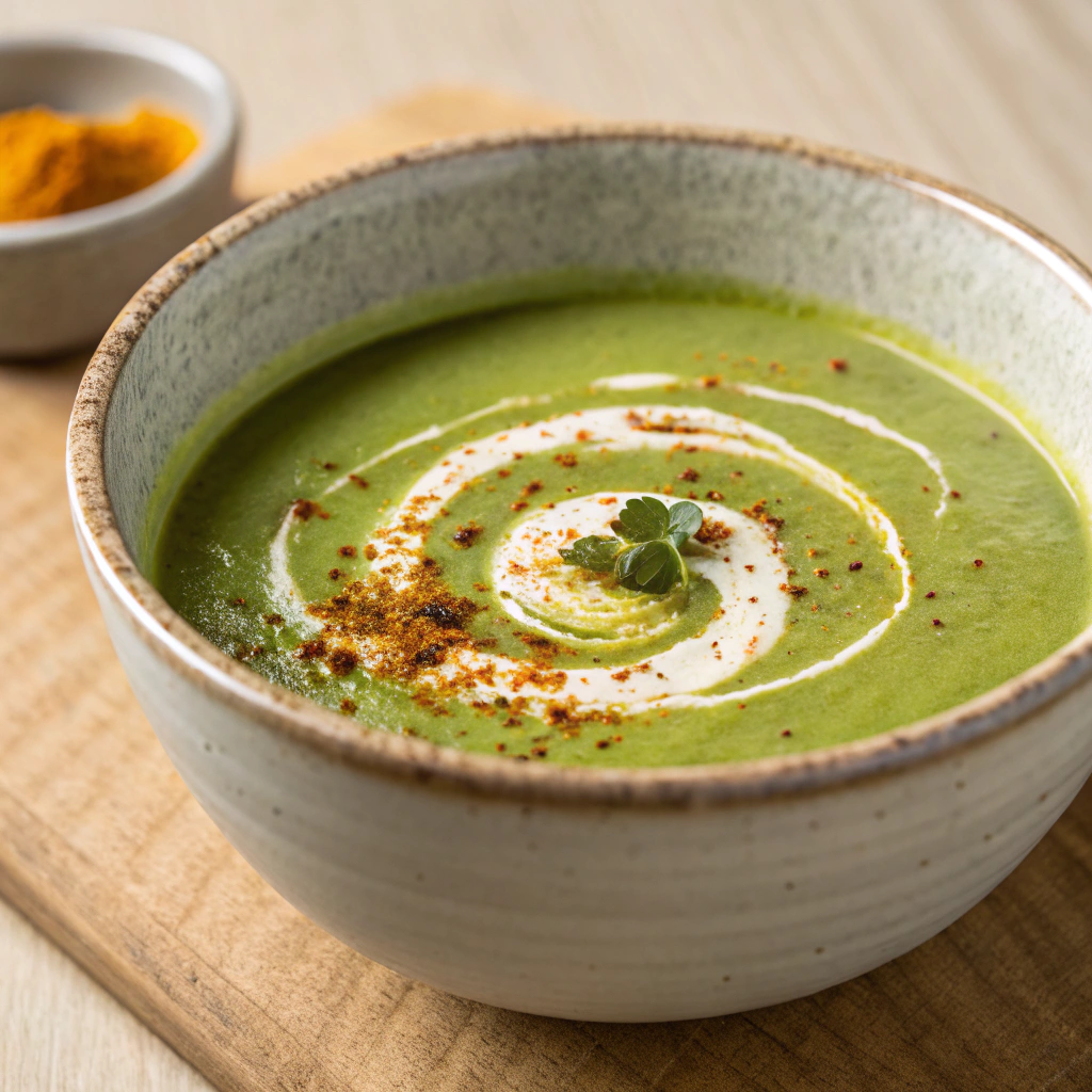gut-support green soup with avocado, spinach, and turmeric for digestion