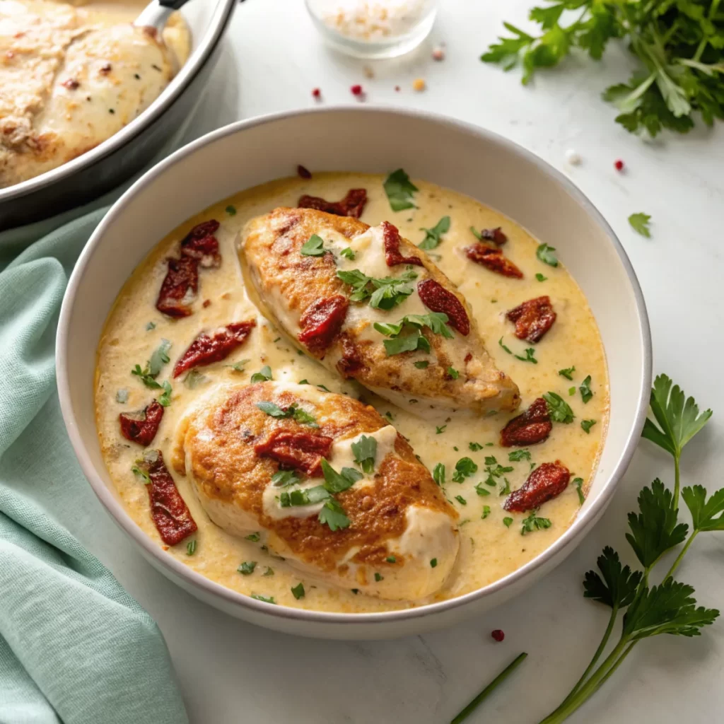 High Protein Marry Me Chicken Recipe in cast-iron skillet