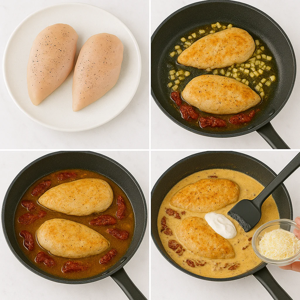 high-protein-marry-me-chicken-step-.webp Cooking High Protein Marry Me Chicken in skillet