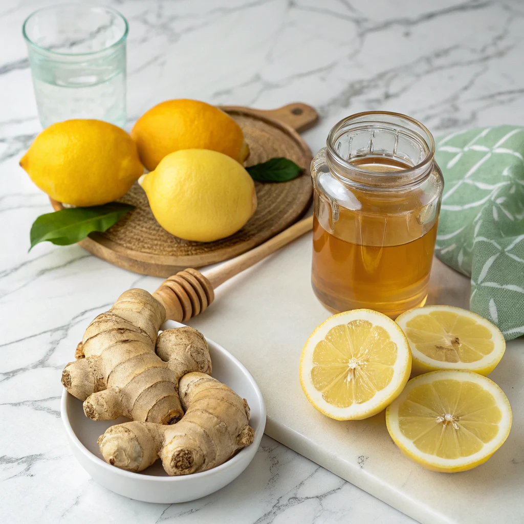 honey-lemon-ginger-tea-ingredients.webp Ingredients for honey lemon and ginger tea recipe on marble counter