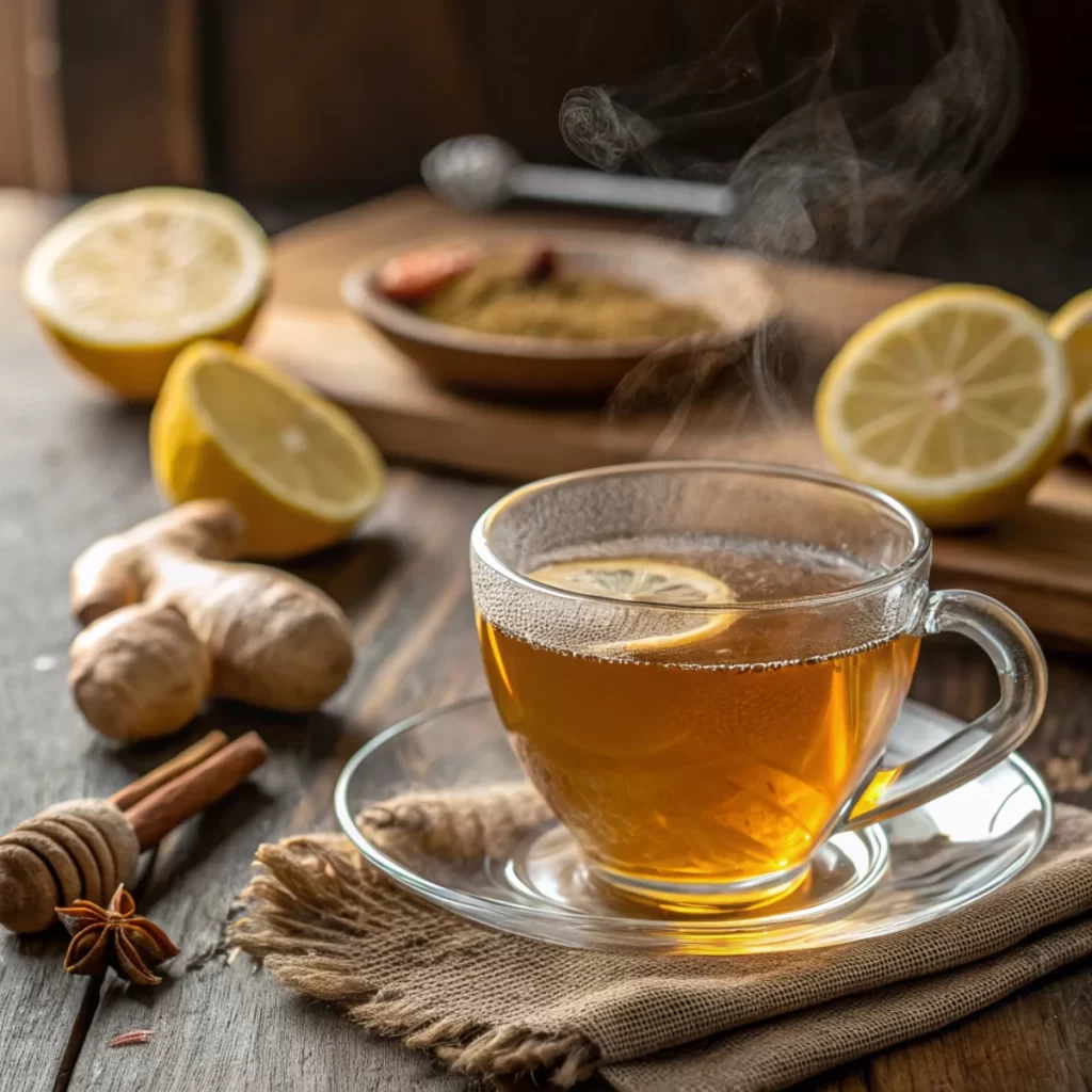Honey lemon and ginger tea recipe – steaming cup with lemon and ginger slices