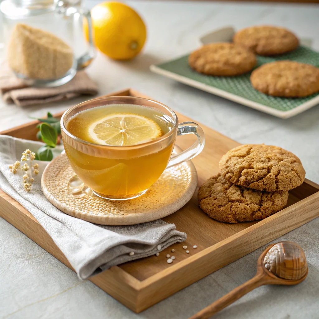 honey-lemon-ginger-tea-served.webp Served honey lemon and ginger tea with lemon slice and ginger