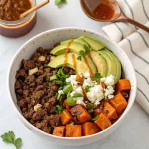 hot honey ground beef bowl with sweet potatoes