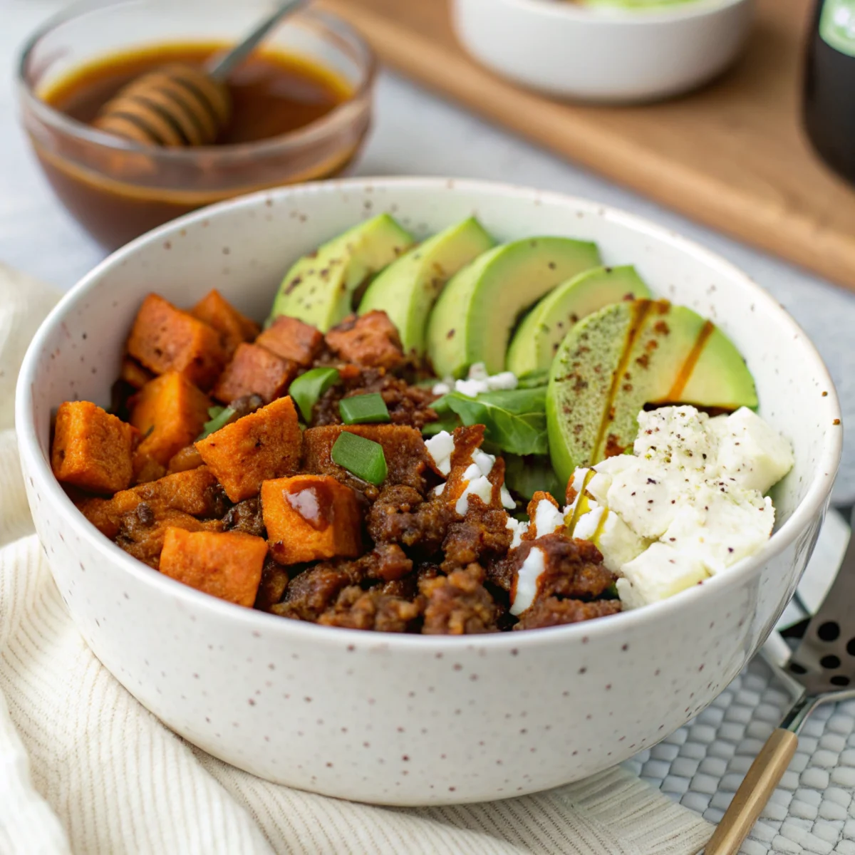 served hot honey ground beef bowl