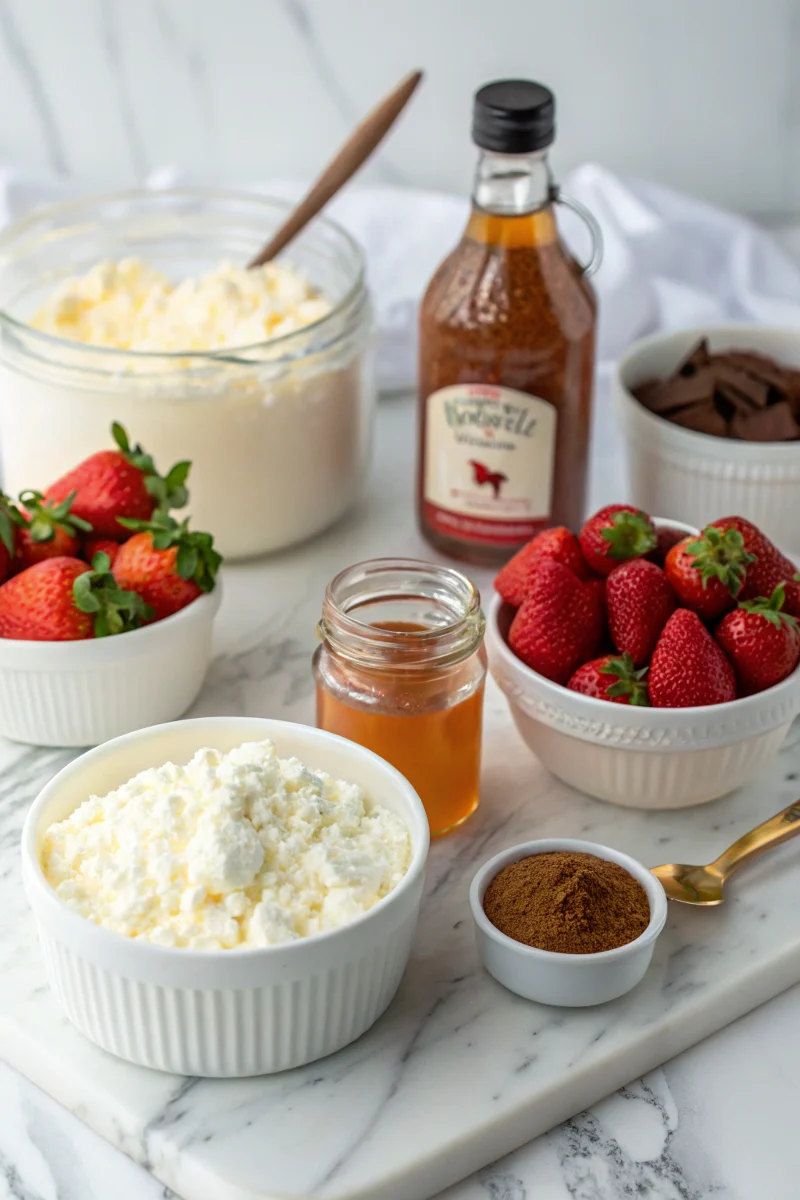 Ingredients for cottage cheese ice cream on white marble