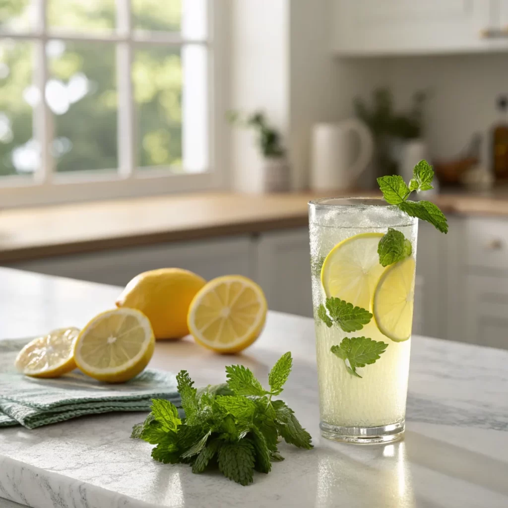 Lemon balm drink for weight loss in clear glass with fresh lemon and herbs