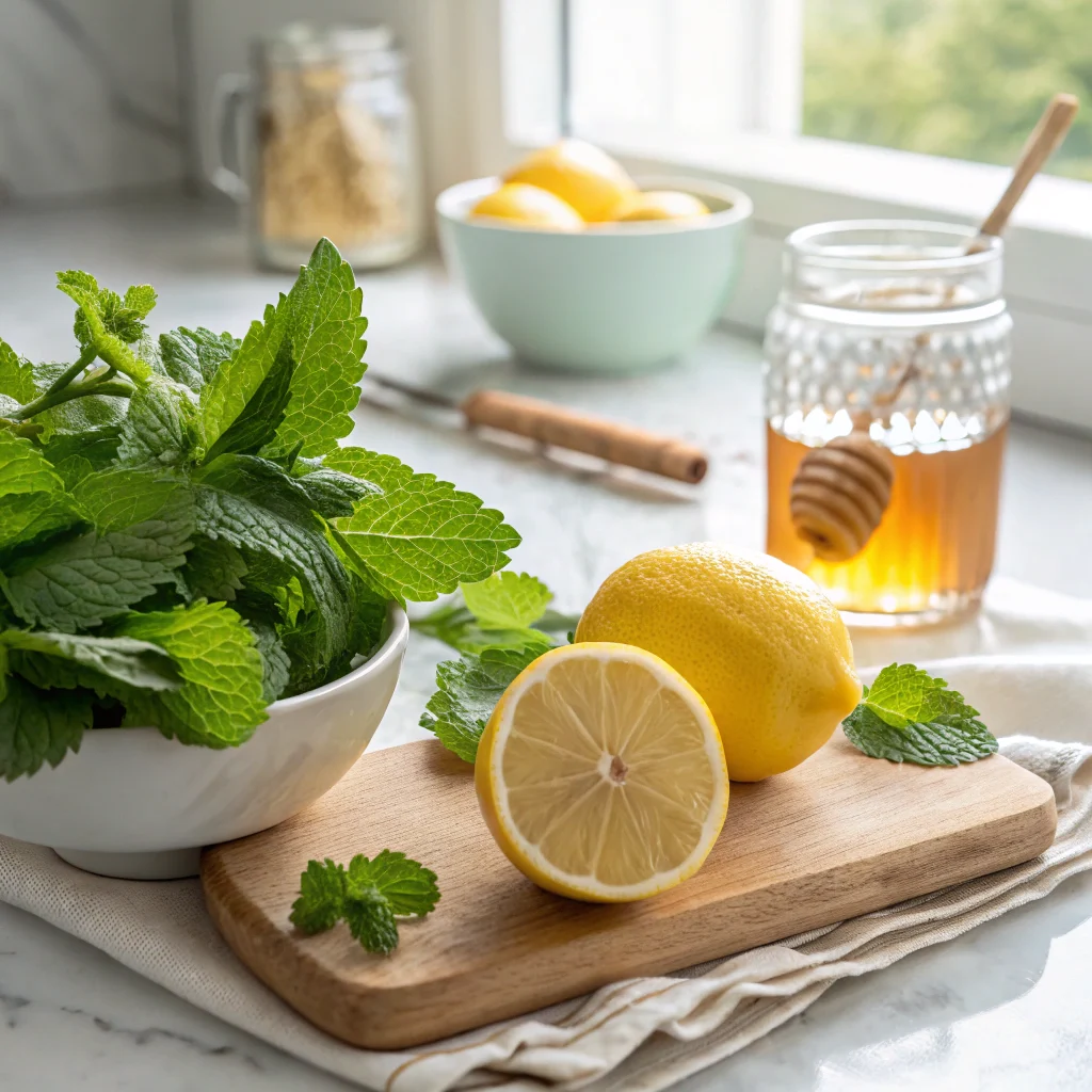 lemon-balm-drink-ingredients.webp Ingredients for lemon balm drink for weight loss on a marble counter