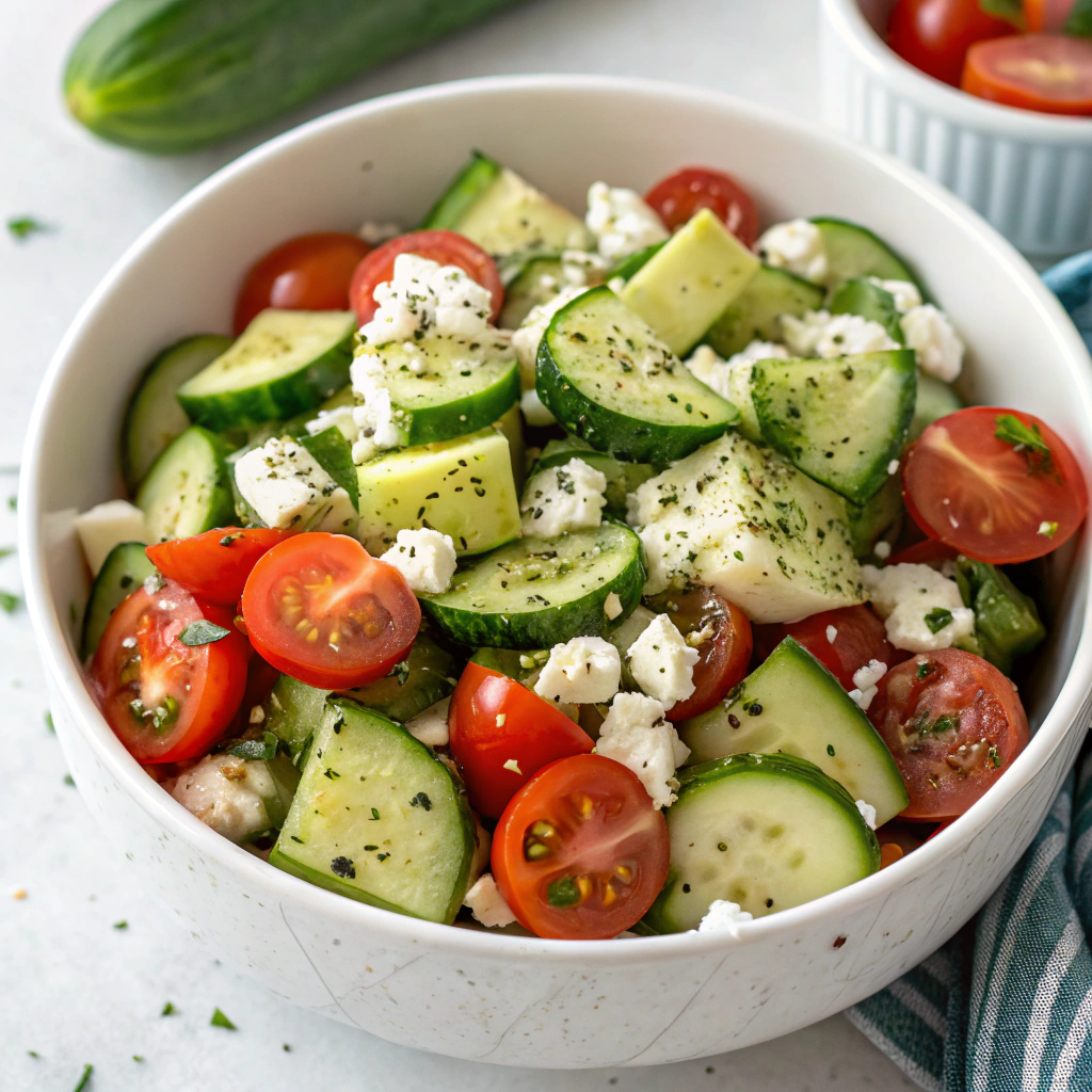 Mediterranean cucumber bowl with tomatoes, feta, lemon, and oregano
