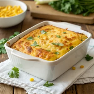Mexican vegetarian cheese Jiffy corn bread casserole with golden melted cheese