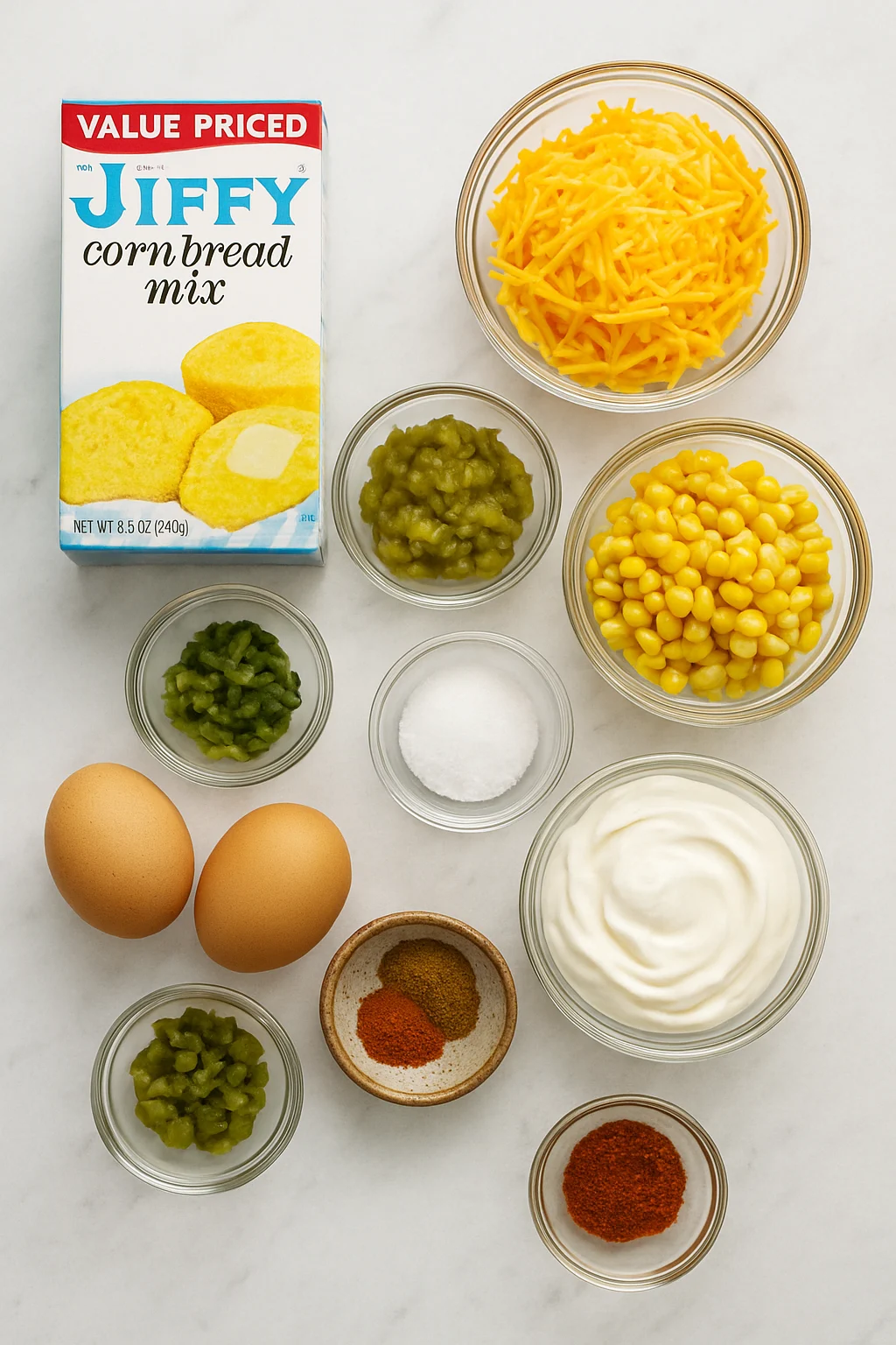 Ingredients for Mexican vegetarian cheese Jiffy corn bread casserole on white marble