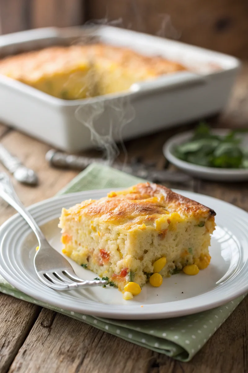 A plated slice of Mexican vegetarian cheese Jiffy corn bread casserole